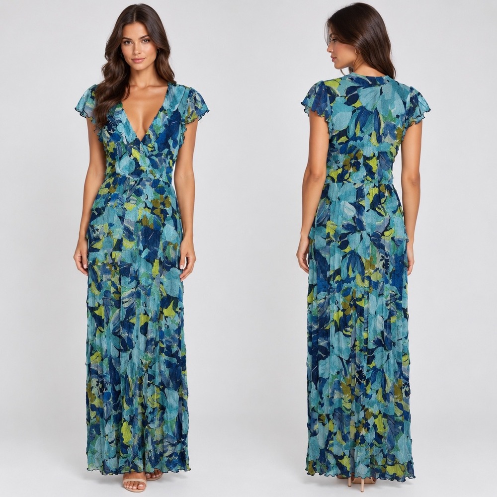 Y2K floral flowy Maxi dress ruffle sleeve wedding guest flattering tiered v neck